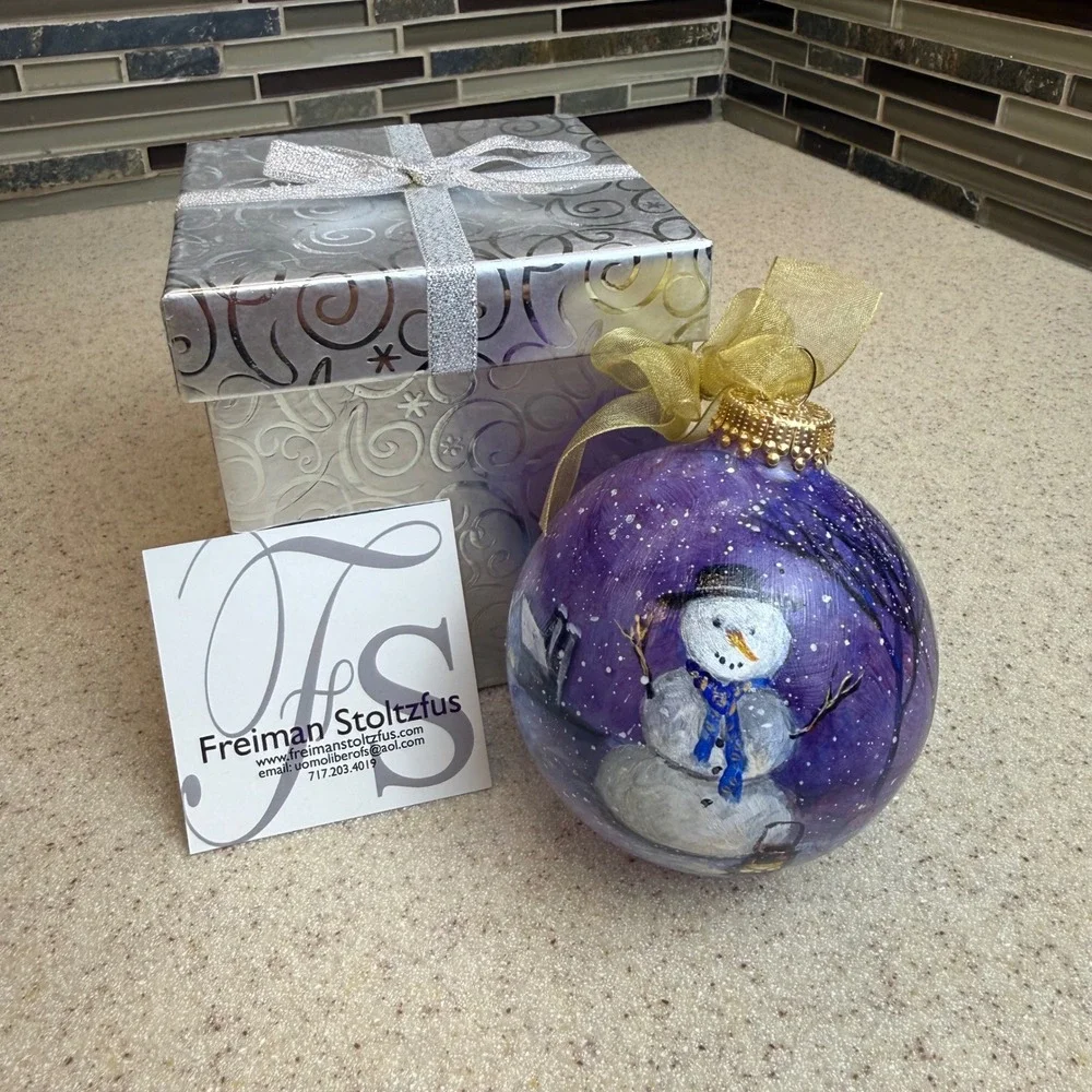 Freiman Stoltzfus Hand Painted Snowman Glass Christmas Ornament Signed 2010 Box